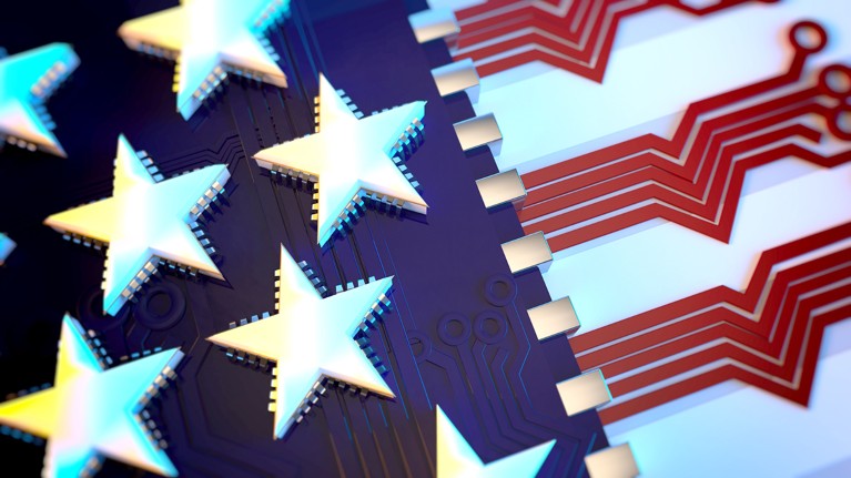 A close-up of an American flag in which the stars and stripes are made of electronic circuit components
