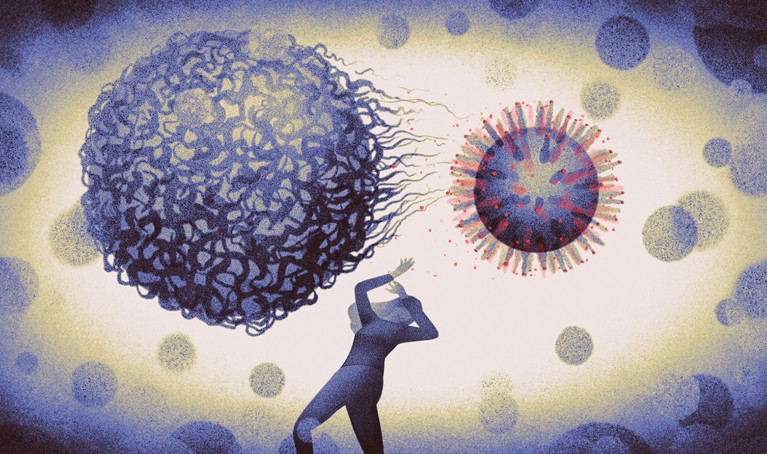 Illustration of a small human figure trying to fend off giant virus particles