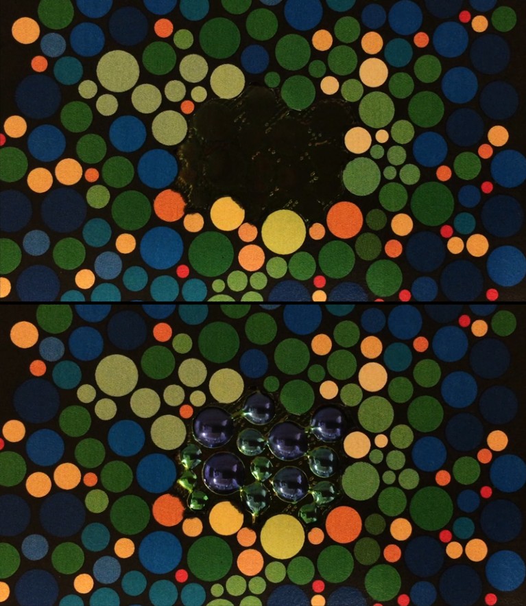 A pattern of irregular dots of different colours