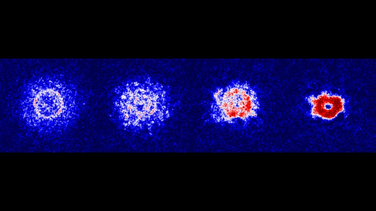 Four consecutive images show the formation of a ring of lithium atoms.