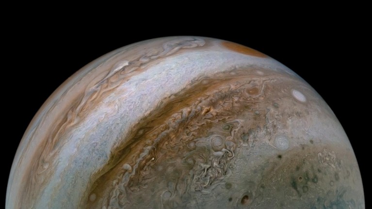 Jupiter's turbulent atmosphere from NASA's Juno spacecraft includes several of the planet's southern jet streams.
