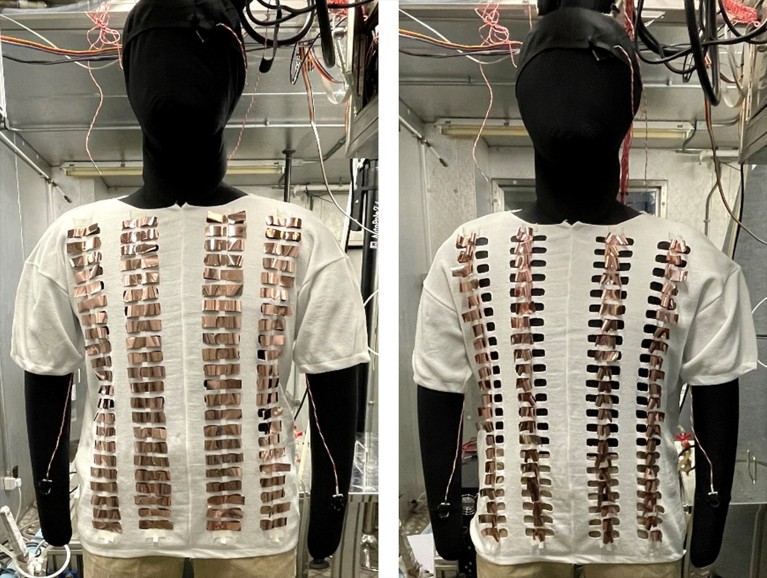 A thermal mannequin wearing the temperature-adaptive clothing in cold (15°C, left) and hot (30°C, right) ambient temps.
