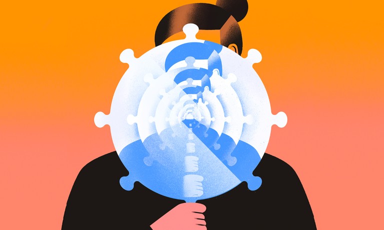 Conceptual illustration showing a person holding a virus-shaped mirror.