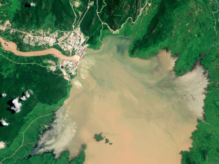 A satellite image of the Grand Ethiopian Renaissance Dam reservoir filling, from the Copernicus Sentinel Data 2020.