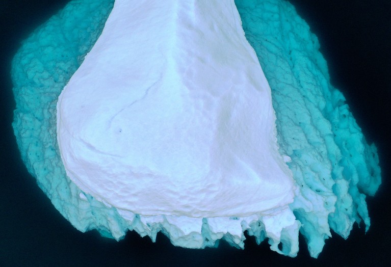 An aerial view of an iceberg, calved from the Sermeq Kujalleq glacier, floating in the Ilulissat Icefjord, Greenland in 2021.