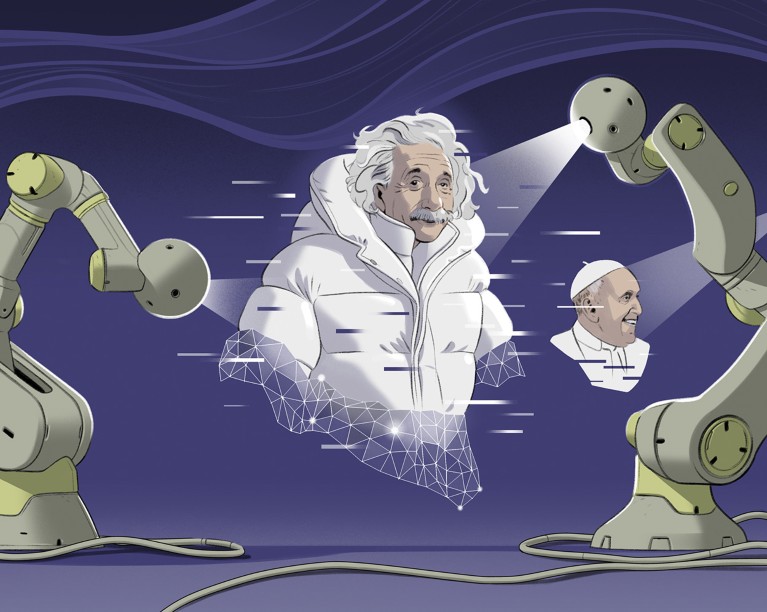 Cartoon of an image of Albert Einstein wearing a white puffer jacket being generated by computers.