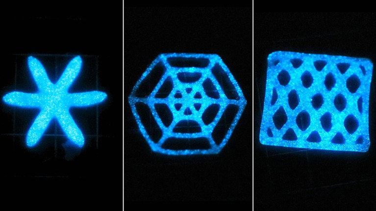 Left to right, a flower-shaped, a spider web-like and a mesh-like mechanoluminescent living composite.
