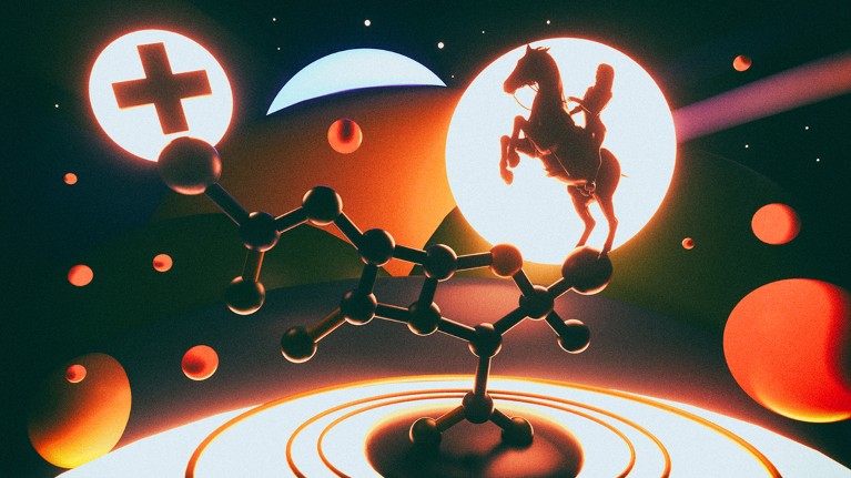 A female figure sits on a horse that is rearing up over a chemical structure that floats in space