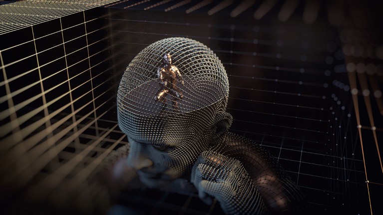 A small, anguished human figure sits trapped within a wireframe cage that makes up the computer-generated head of a larger human figure