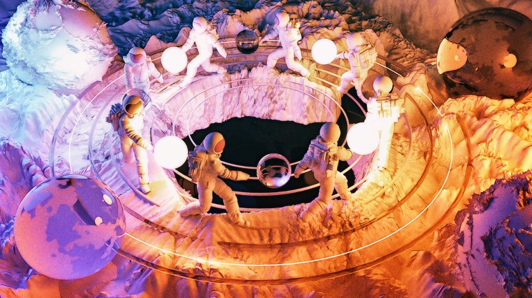 Multiple figures in spacesuits run in a circle around a rocky outcrop