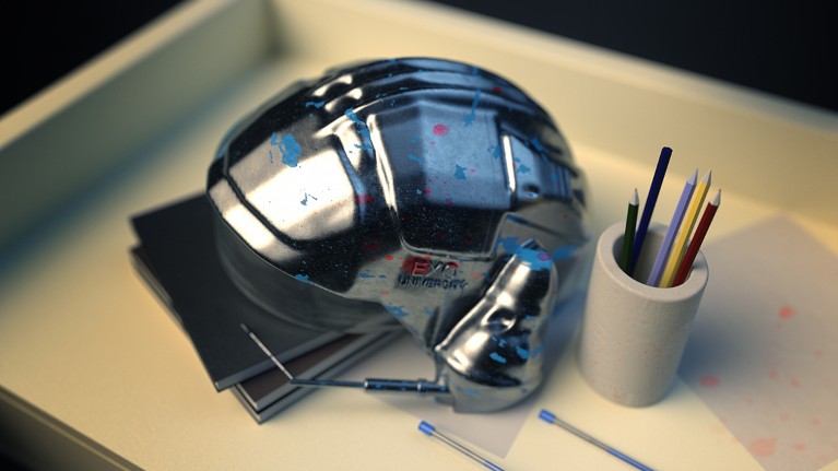 A silver metal helmet bearing the words “Exo University” and spattered with blue and red splash marks sits on a pile of books on a desk next to a pot containing pens and pencils