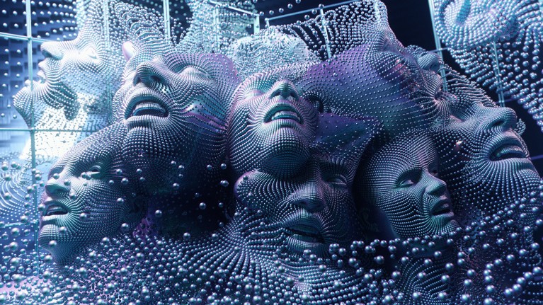 Screaming human faces emerge from a sea of digital data