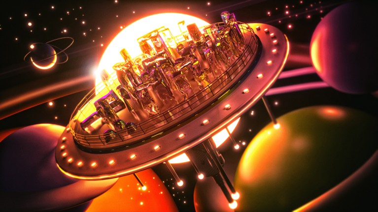 A Stone Henge-like structure sits surrounded by lights on a circular metal platform that floats in space amid planets
