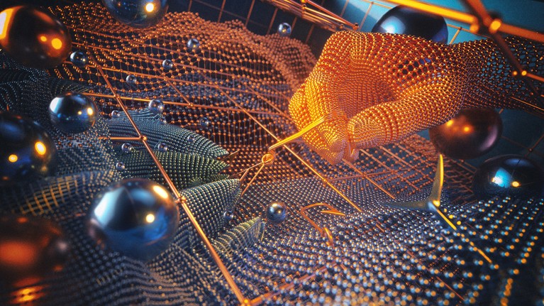 A wireframe hand tries to unhook a wire from a CGI fish that is part of a shoal in a computerized grid