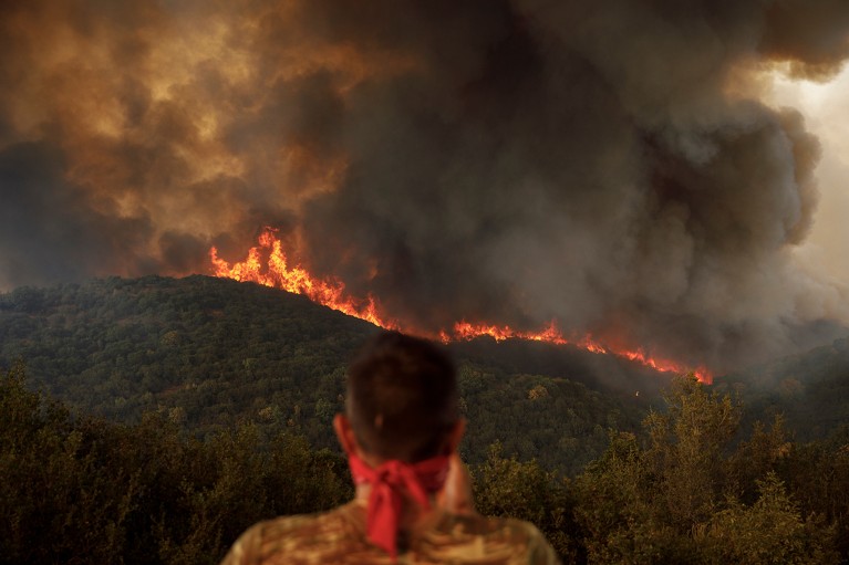 Person watching a forest fire on a hilltop across the valley with black smoke rising from a line of burning trees