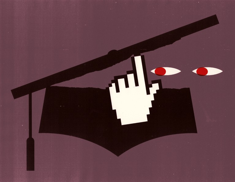 Cartoon showing a computer pointer hand lifting the top off a mortar board with some sinister eyes peering inside.