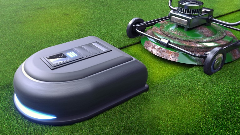 A sleek, grey robot lawn-mower cuts grass ahead of an old, rusty petrol-driven mower