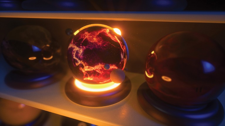 Glass globes containing images of the Universe sit glowing on a shelf