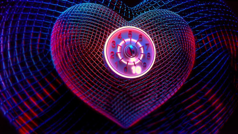 A dial with numbers zero to 10 glows atop a wireframe heart. The dial’s pointer is set to 10