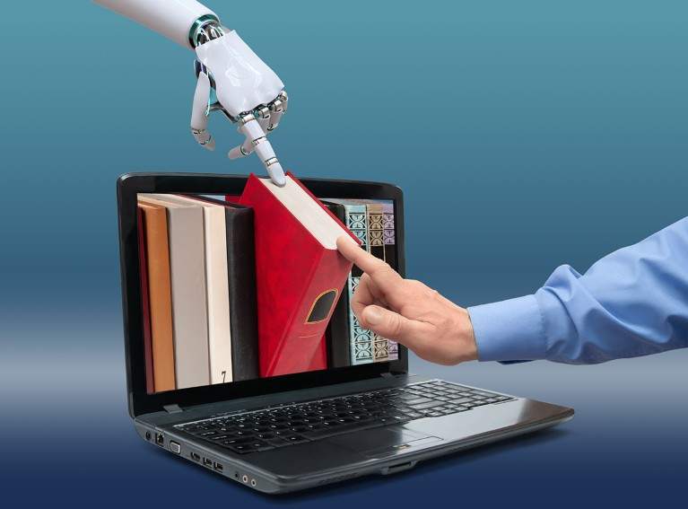 A photo illustration of human and robot hands touching a book emerging from an open laptop screen.