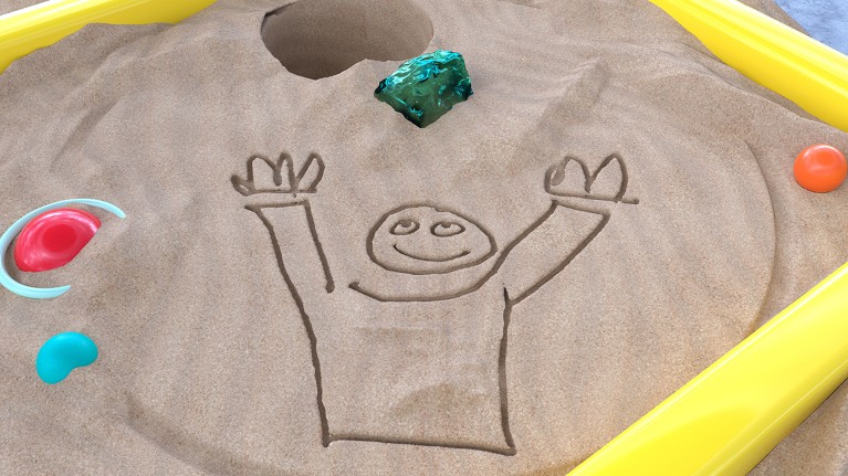 A child-like image of a human figure with its arms in the air is etched in sand next to a hole and a precious stone