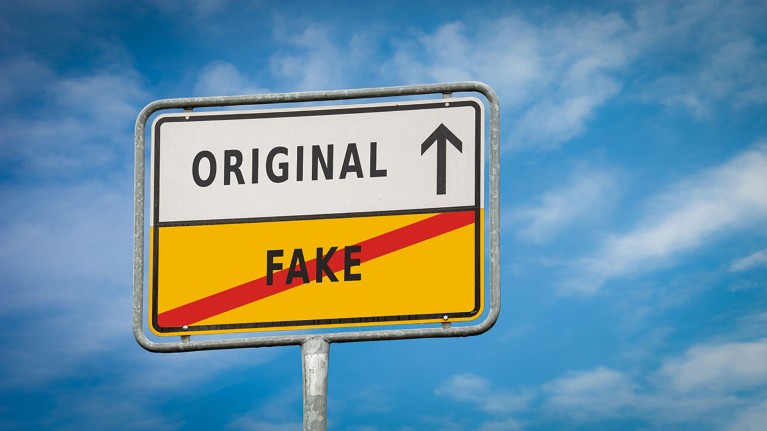 A photo illustration of a street sign contrasting the words ORIGINAL and FAKE.