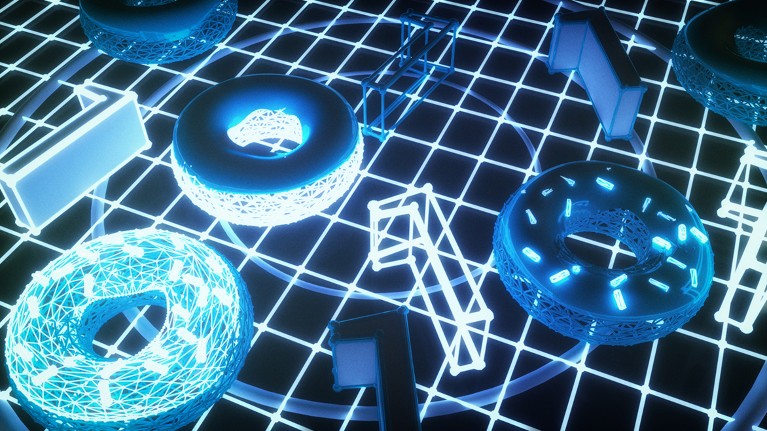 Computer-generated 3D zeroes and ones, with the zeroes looking like doughnuts, sit on a wire frame