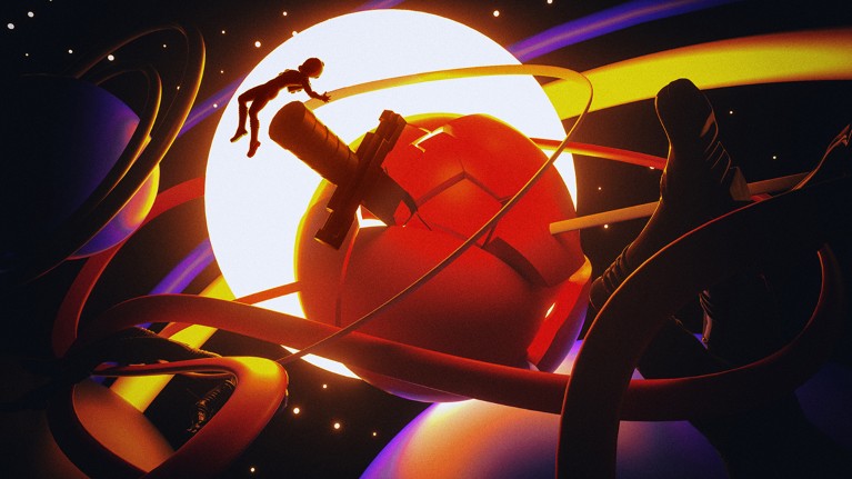A human figure in a spacesuit floats above a giant red sphere that is fragmenting owing to a dagger that has been plunged into it
