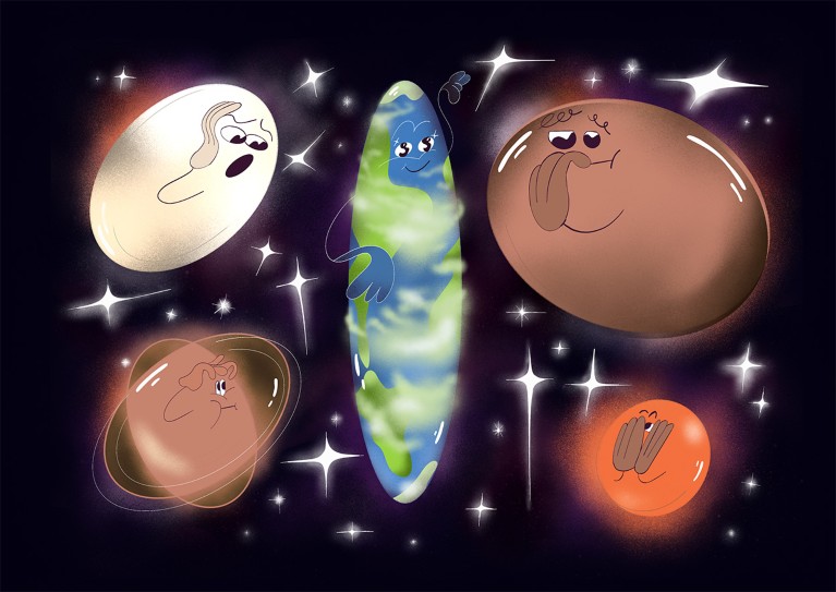 Conceptual illustration showing slim Earth being admired by other planets.