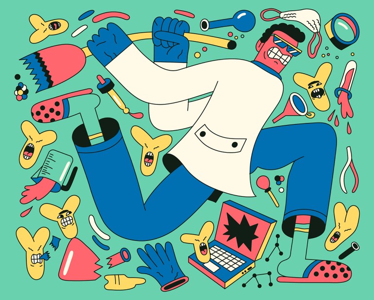 Cartoon illustration that shows a scientist with a broom, fighting off bad antibodies that are destroying the lab equipment.