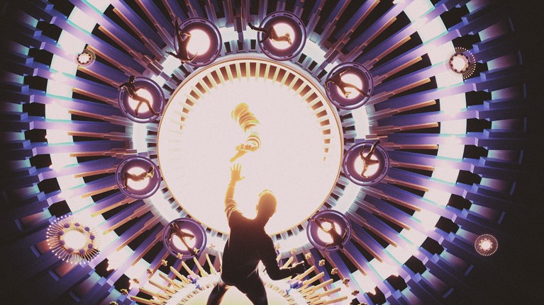 A male figure reaches out to a hand emerging from glowing light in the middle of a circular metallic tunnel