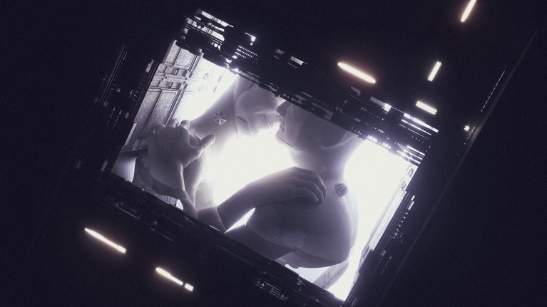 Two humanoid automatons embrace in the window of a cryopod