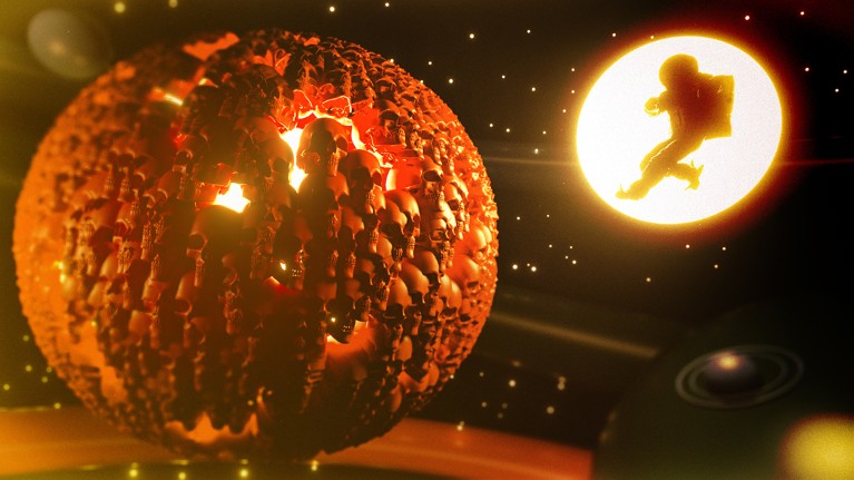 An astronaut, silhouetted against a glowing Sun, approaches a red planet whose surface appears to be composed of human skulls