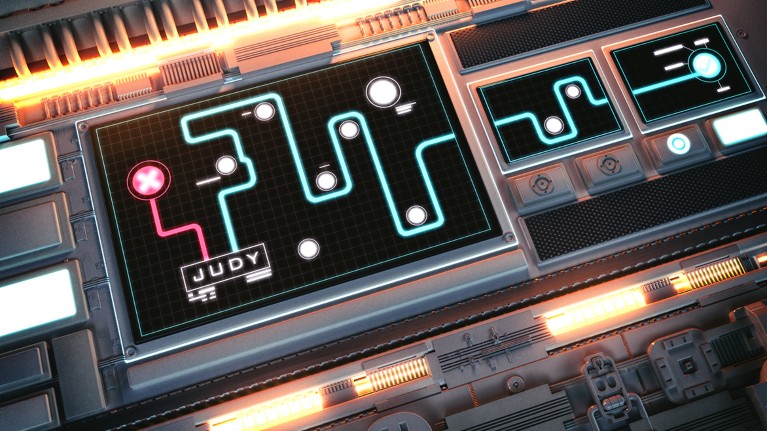 A spaceship instrument display shows two routes emerging from a label marked Judy. One is short and picked out in red with a cross at the end, the other is long and convoluted and picked out in green with a tick at the end