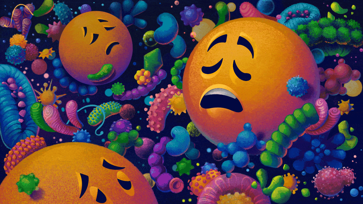 Sad yellow emojis move and wobble among a sea of microbiota.