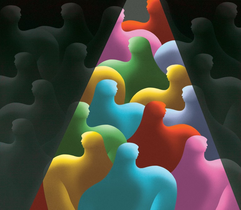 Illustration showing a spotlight passing over a pattern of many human silhouettes and where the light touches them they are shown in various bright colours.