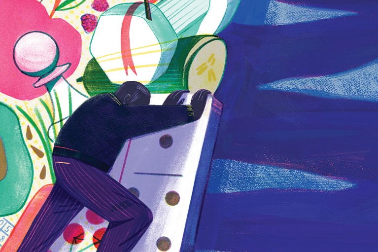 Illustration of a person pushing on a domino