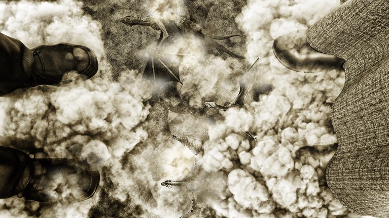 Two pairs of feet float above thick clouds through which dragons seem to be flying