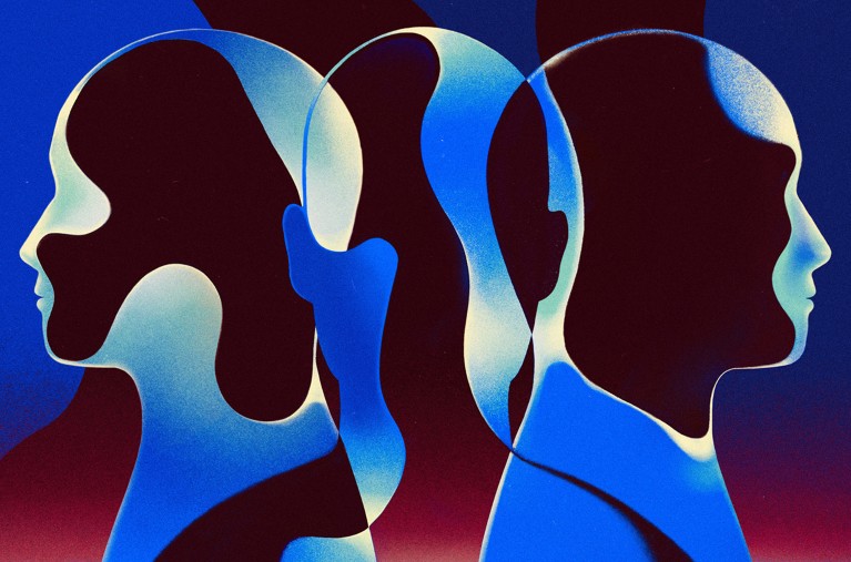 Conceptual illustration showing abstract overlapping human profiles in blue and black tones, reflecting the complexity and layered nature of ADHD