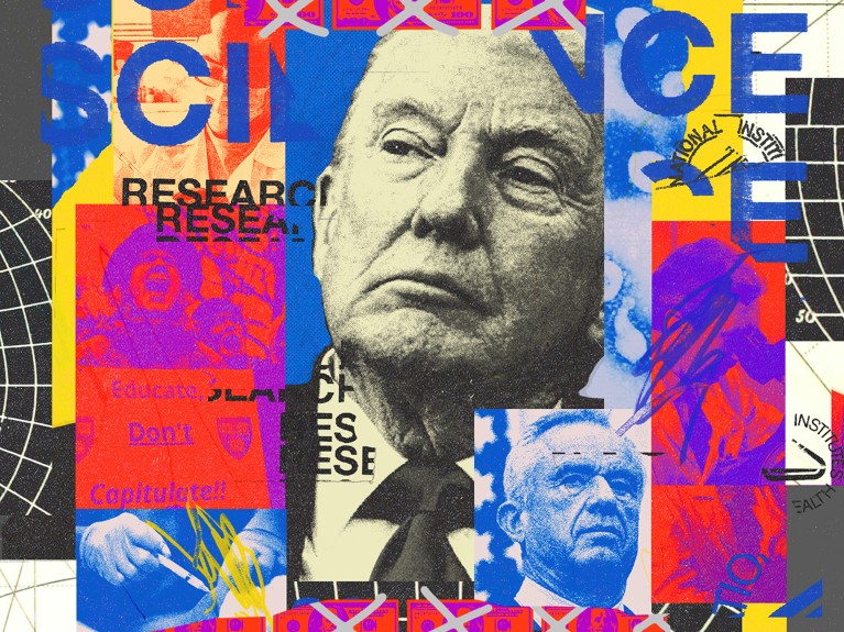 Collage illustration showing Donald Trump and Robert F. Kennedy Jr. surrounded by fractured letters spelling "science" and "research", the logos of the NIH and NSF and other imagery showing vaccines and university protests.