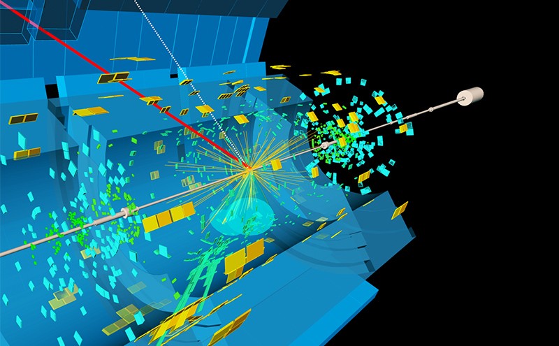   Visualization of Higgs boson decaying in 2 b-quarks (blue cones) in conjunction with W boson decaying to muon (red) + neutrino 