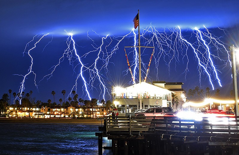 Lightning strikes over Stearns Wharf in Santa Barbara.