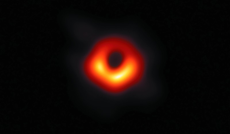 First image of a black hole, using the observations of the Event Horizon telescope from the center of the M87 galaxy.