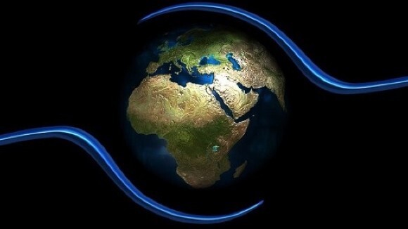 Shows a computer generated image of Earth, with wind waves above and below.