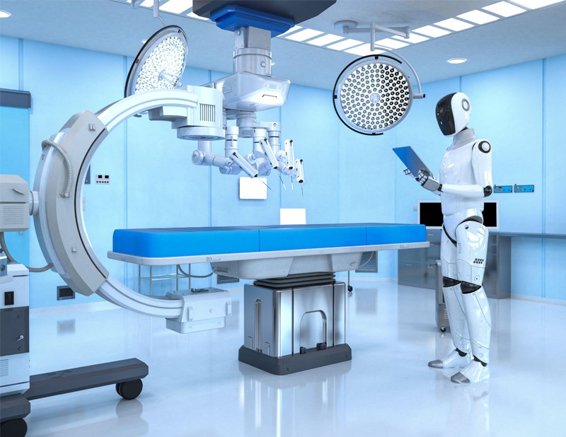 A highly detailed humanoid robot arm, equipped with surgical instruments, meticulously performing a delicate procedure over a mock surgical area with precision lighting.