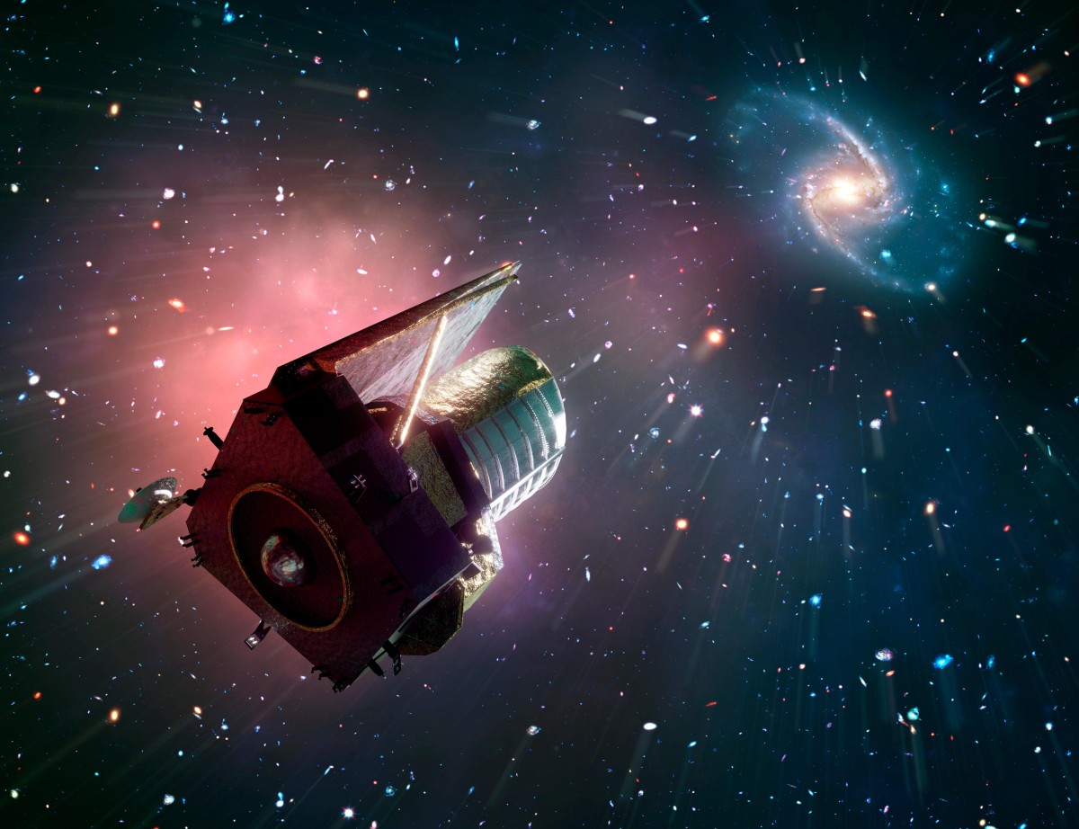 A futuristic telescope traveling through deep space, with nebulae and stars in the background, symbolizing AI's role in cosmic discovery.