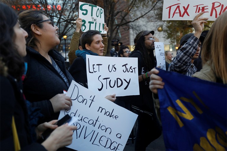 Students rally against the proposed GOP tax reform bill at Union Square, NY.