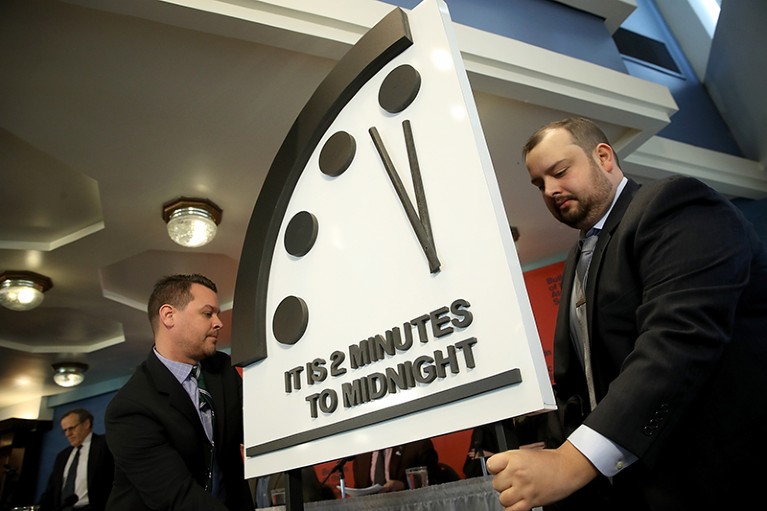 The 2018 doomsday clock is unveiled in Washington DC with the hands moved to two minutes to midnight.