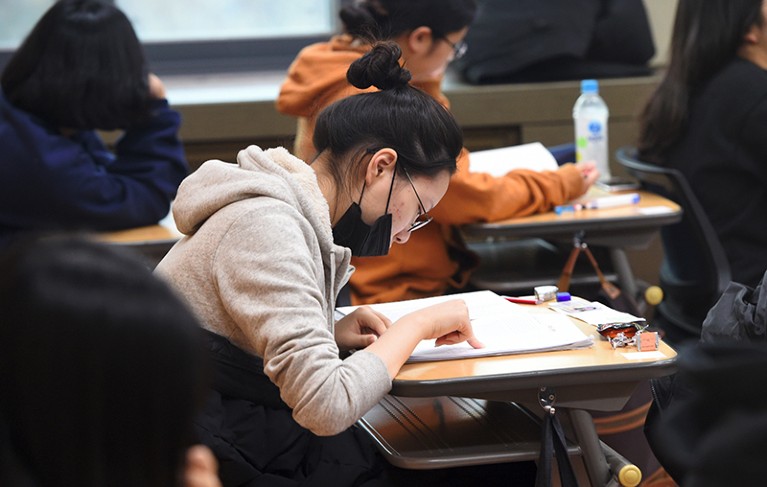 Students preparing to take the annual College Scholastic Ability Test in Korea, 2017.
