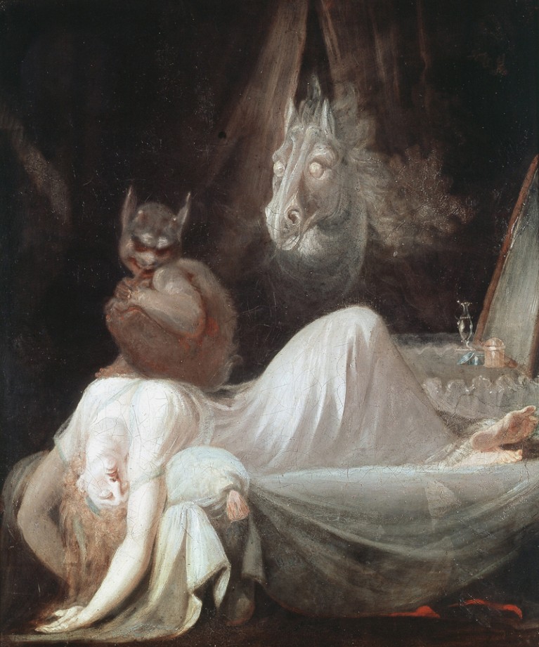 The Nightmare, a painting by Henry Fuseli: a white woman lies on a bed with a demon on her chest. A demonic horse stands behind.